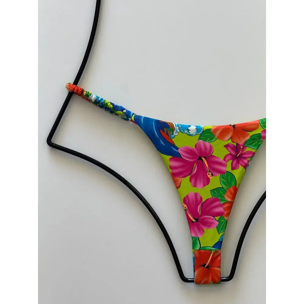 Frankies Bikinis Hope Floral Skimpy Bikini Bottom - Neon Surfer - M - NWT